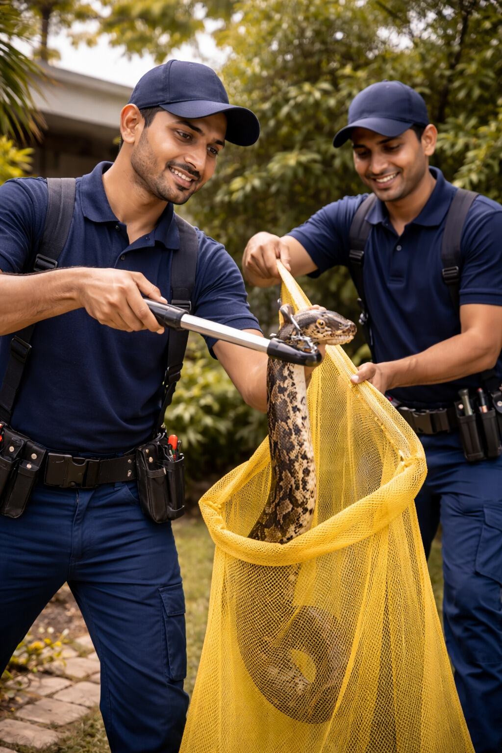 snake rescue service by Pestwale, snake control service India, pest control technician handling snake, safe snake removal process, outdoor snake risk area, snake prevention service Mumbai, snake control Ahmedabad, wildlife rescue pest control - 2